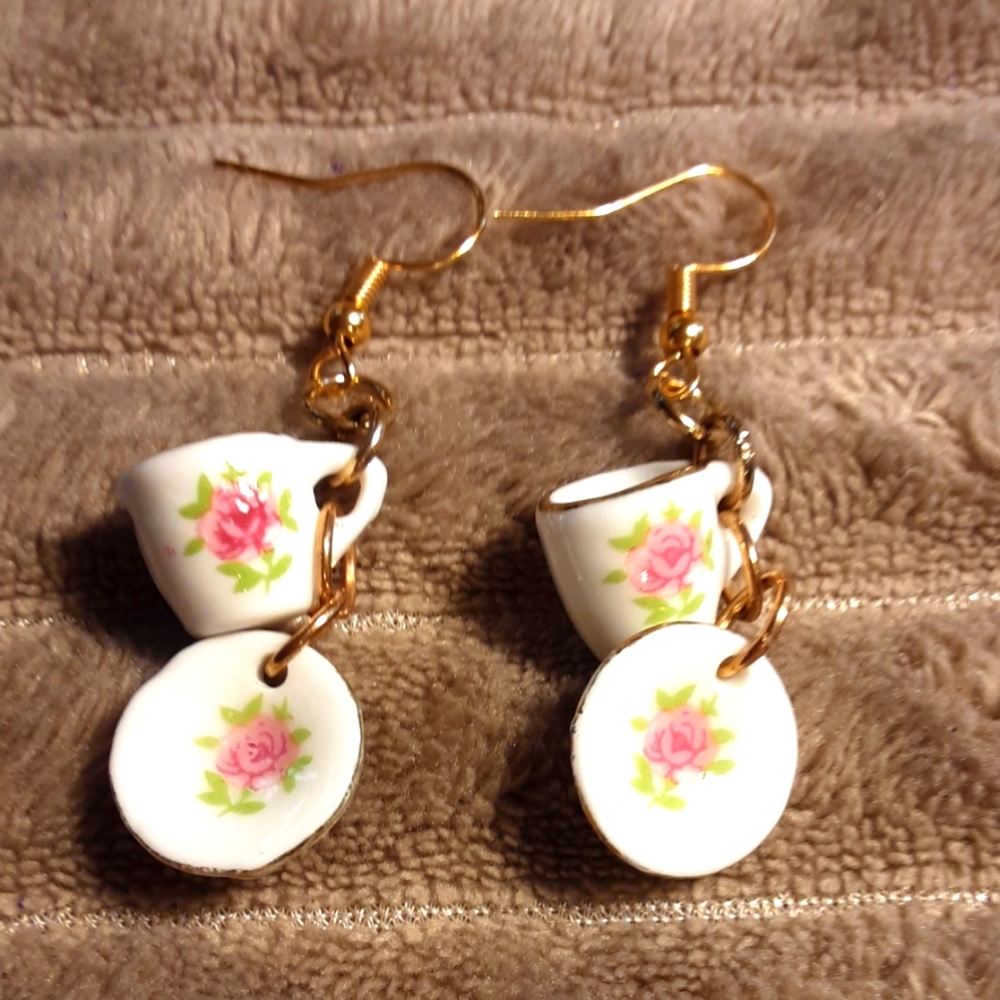 Hand Crafted Ceramic,Tea Cup and Saucer Earrings ,Alice In Wonderland